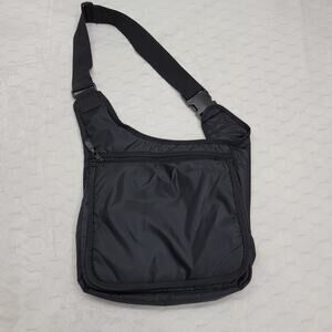 Vintage Y2K Black Nylon Sling Messenger Bag Techwear Quilted Atomic Logo Cyber